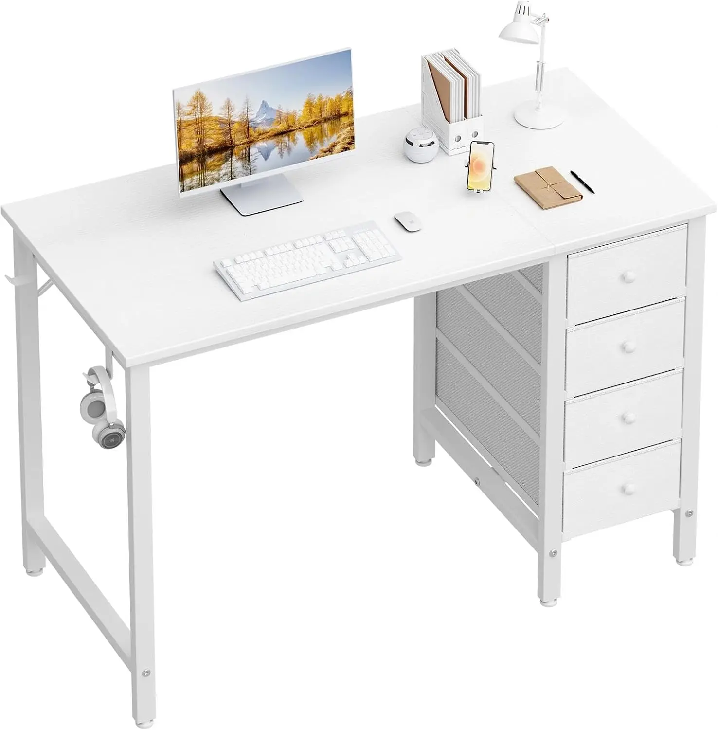 White 40-Inch Small Desk with Fabric Drawers - 19.7" D x 39.4" W x 29.5" H Reversible Writing Desk for Kids, Small Spaces Home Office Use