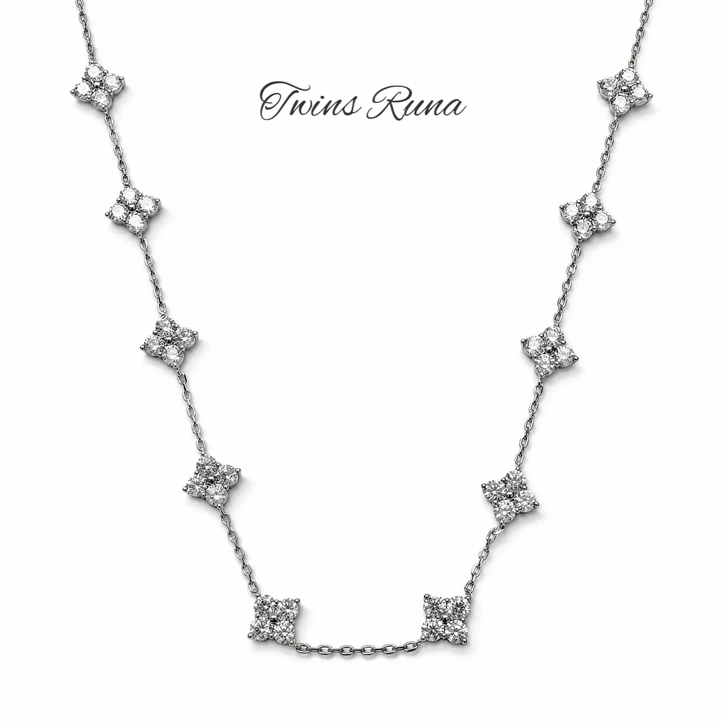 Women's 4-Leaf Clover Bling Necklace - White Gold-Tone Link Chain Costume Jewelry, Transparent Cubic Zirconia, Adjustable Long Length Everyday Wear Accessory That Symbolizes Luck, Clover Motif, Auspicious, Gift For Occasions, Design Concept, Vintage, Clov
