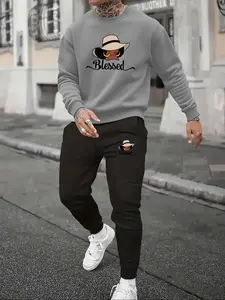 Men's Blessed Print Hoodie and Sweatpants Set, Casual Long Sleeve Fitted Sweatsuit, Fall & Winter Comfortable