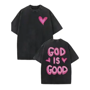 Double-Sided Washed | Heart-Shaped God Good Print, High-Quality 100% Cotton Washed Retro Fashion Brand T-Shirt, Women’s Autumn Clothing, Perfect Holiday Gift, Men’s Clothing, Round Neck
