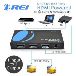 OREI UltraHD 4K @ 60 Hz 1x2 HDMI Splitter 1 in 2 Out (2 Port) HDMI 2.0, HDCP 2.2, 18 Gbps, HDR, 4K HDMI Splitter YUV 4:4:4 (UHDS-102)