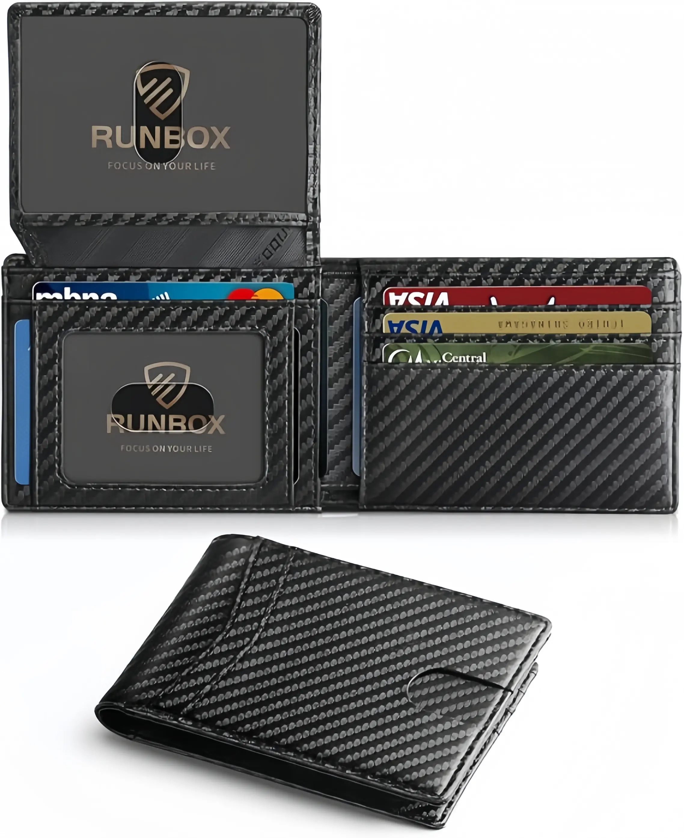 Men's 2026 Chic Casual Slim Bifold RFID Blocking Carbon Fiber Wallet - 11 Slots, Minimalist Leather Holder, Black Recto Verso Design, Pocket-Thin Carry, Modern Edge, Gifts for Him, Helps Shield Card Data, with Gift Box, Minimalist Look