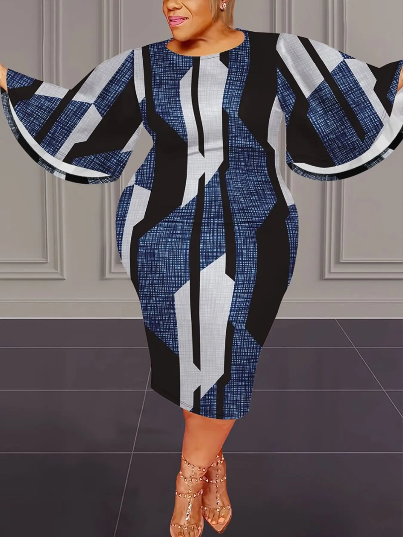 Elegant Chic Plus Size Bodycon Fitted Dress for Women, Geometric Spring Summer Fashion, High-Quality Design, Perfect for Daily Wear, Stylish and Comfortable