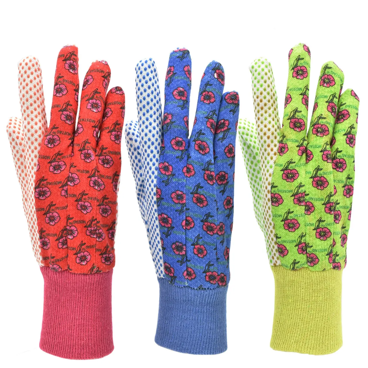 G & F 1852 Women's 100% Soft Cotton Jersey Garden Gloves - Improved Grip, Flower Prints, Keeps Dirt & Debris Out, Green/Red/Blue, 3-Pair & 12-Pair Packs, 3 Pairs