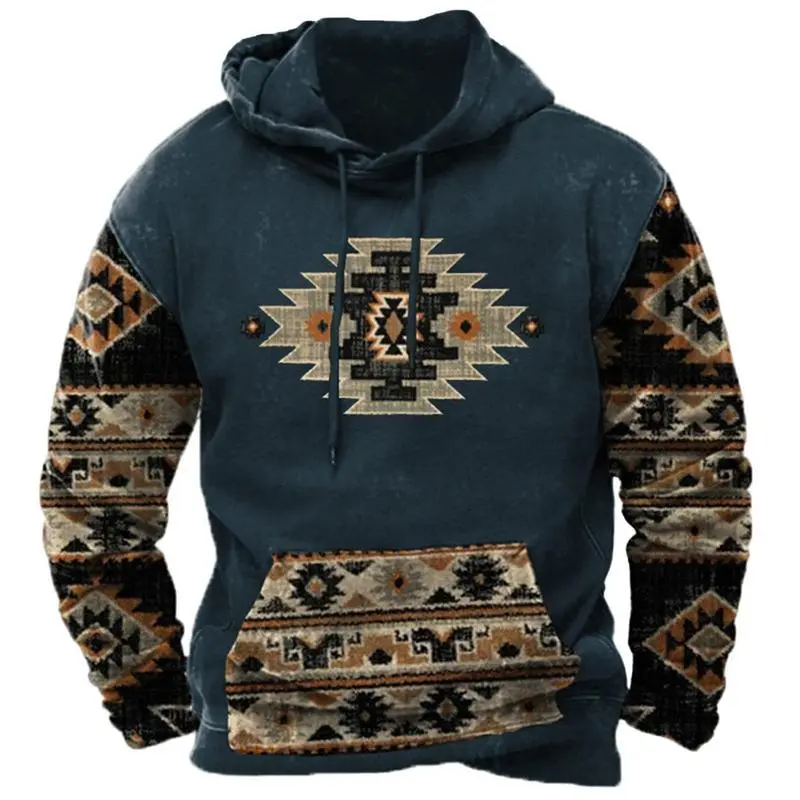 Mens Casual Western Aztec Hoodies Sweatshirt - Loose-Fitting Design with Drawstring Closure - Clothing, Menswear Collared Day Cotton Long Sleeves Mens Casual Western Aztec Hoodies Sweatshirt - Loose-Fitting Design with Drawstring Closure - Clothing, Menswear Collared Day Cotton Long Sleeves
