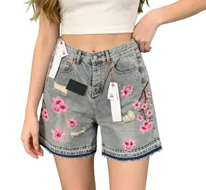 Cherry Blossom Embroidered Denim Shorts for Women - High Waisted Baggy Jorts with Distressed Ripped  Raw Frayed Hem Vintage Y2K Streetwear Non-Sheer Stretchy Denim, Perfect for Summer Festivals  Casual Outfits