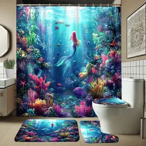 Mermaid Pattern Bathroom Accessories Set, Includes Shower Curtain, U-Shaped Toilet Pad, Lid Cover, Long Rectangle Mat, Elegant Bath Decor