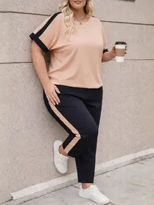 Plus Size Women's Colorblock Sportswear Set, Athletic Tracksuit Set, Sports Clothing Set, Comfortable Casual Fashion T-Shirt + Side Stripe Sports Pants, Summer Street Style, Athleisure Breathable Clothes