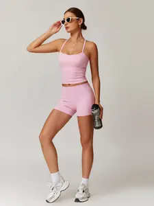 Women's Solid Backless Crop Cami Top & High Waist Shorts Sportswear Set, Sporty Sleeveless Top & Skinny Shorts, Ladies Sportswear for Indoor Outdoor Wear, Fall Outfits Soccer Mom Outfit