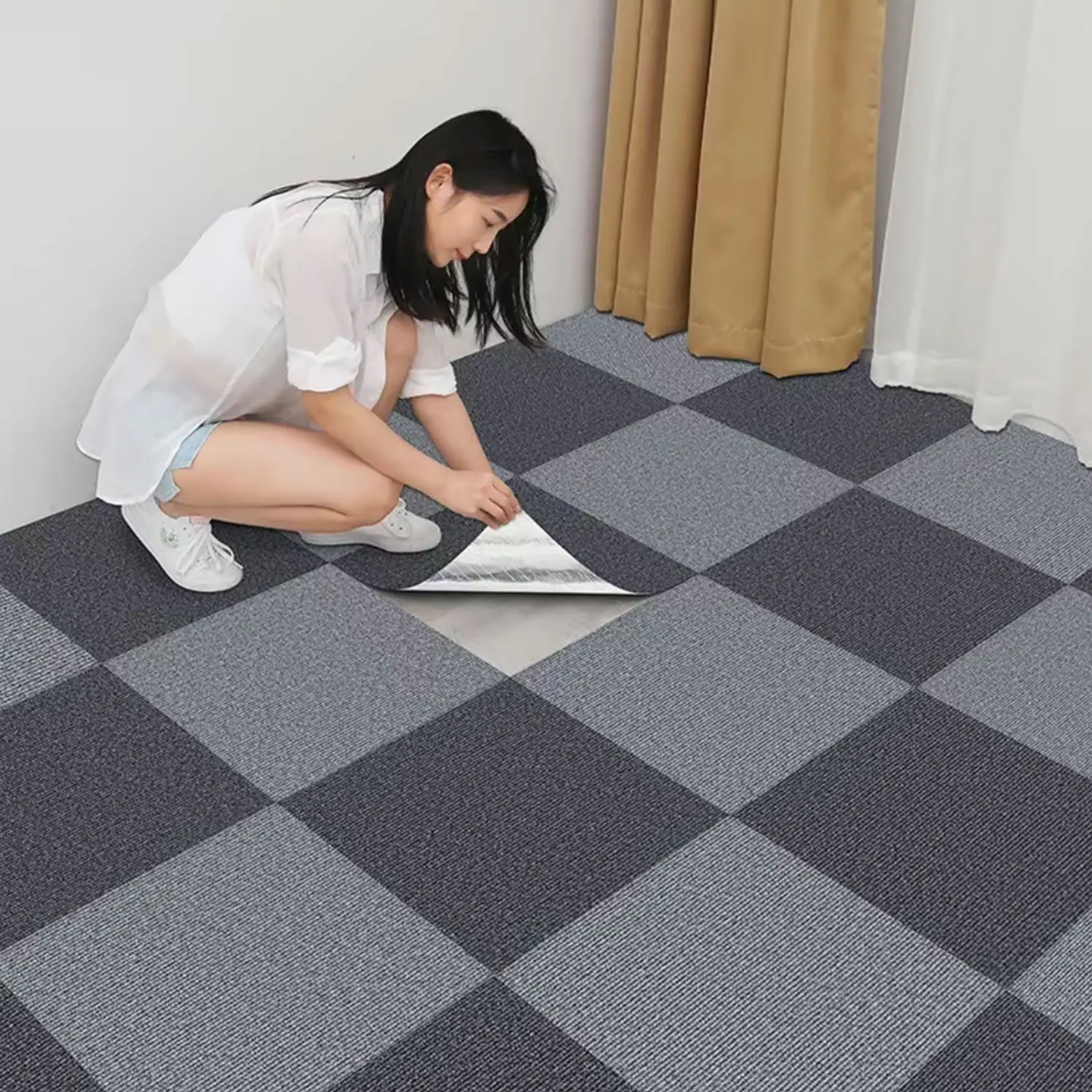 10pcs Detachable Carpet Tiles, Soft Non-Slip Adhesive Floor Tiles DIY Cuttable Reusable Rug Blocks for Living Room Bedroom Interlocking Floor Mat