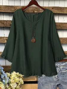 Plus Size Women's New Basic Shirt Blouse Round Neck Asymmetrical Design 3/4 Sleeves, Casual Fashion Top for Spring & Fall Seasons
