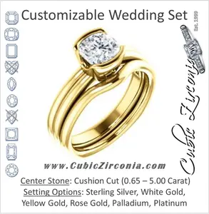 CZ Wedding Set, featuring The Monse engagement ring (Customizable Bezel-set Cushion Cut Solitaire with Grooved Band & Euro Shank)