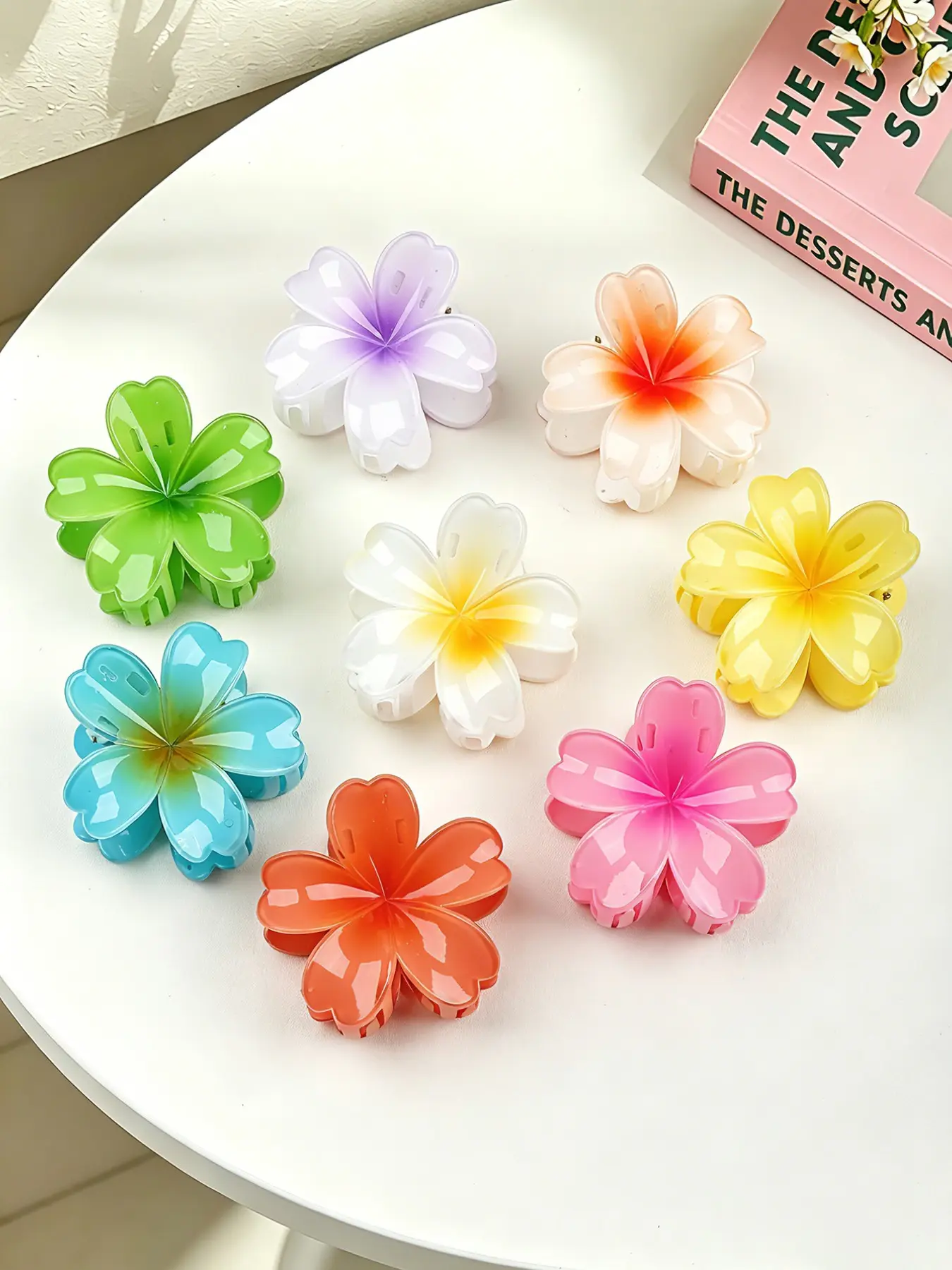 8pcs Sweet Jelly Color Flower Hair Clips, Simple Fresh Flower Claw Clips, Back of Head Ponytail Shark Clip, Daily and Beach Use