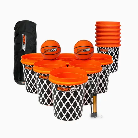 BasketPong Original Giant Basketball Yard Pong Game - Lawn Game Includes Travel Bag 12 Buckets 2 Basketballs Hand Pump