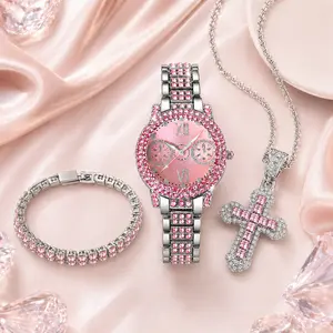 Women’s Pink Rhinestone Jewelry Set with Watch, Bracelet & Cross Pendant Necklace, Sparkling Fashion Accessories for Party, Daily Wear & Gifts
