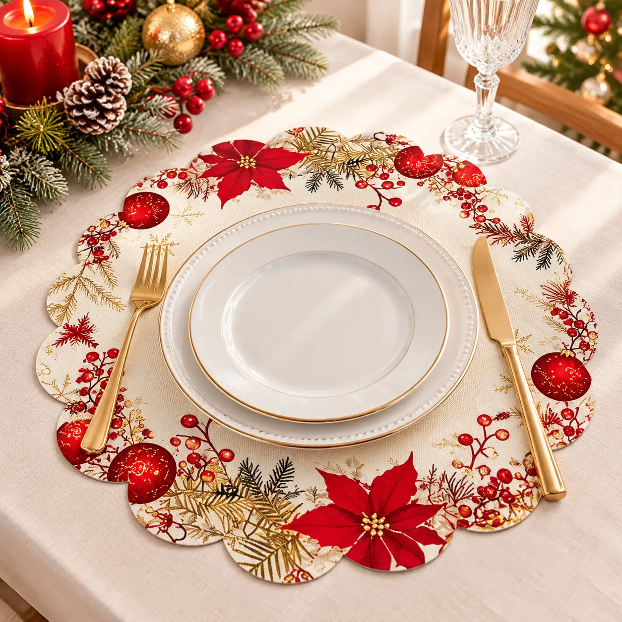 Set of 4/6 Vintage Christmas Wreath Round Placemats, Poinsettia & Holly Music Note Red Bow Designs, 13.8 Inch Non-Slip Washable Polyester Table Mats for Holiday Banquet Party Table Decor