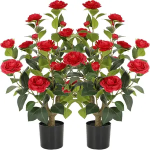 2 Pack 40."/3.2FT Artificial Camellia Tree Fake Outdoor Tree with Blooming Flowers White Tree for Home Front Door Winter Christmas Indoor Decor (Including Faux Moss)