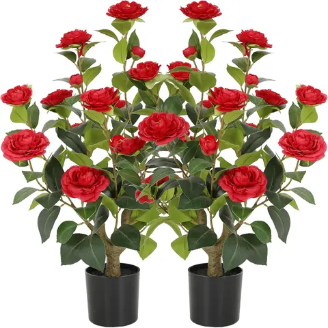 2-Pack 40"/3.2FT Auspicious Artificial Camellia Trees with Blooming White Faux Flowers, Decorative Plants with Faux Moss, Indoor/Outdoor Decor for Home Front Door Winter Christmas, Decorative Outdoor Flower