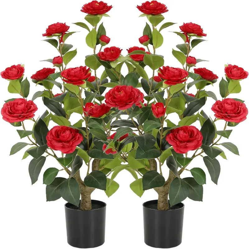 2-Pack 40"/3.2FT Auspicious Artificial Camellia Trees with Blooming White Faux Flowers, Decorative Plants with Faux Moss, Indoor/Outdoor Decor for Home Front Door Winter Christmas, Decorative Outdoor Flower