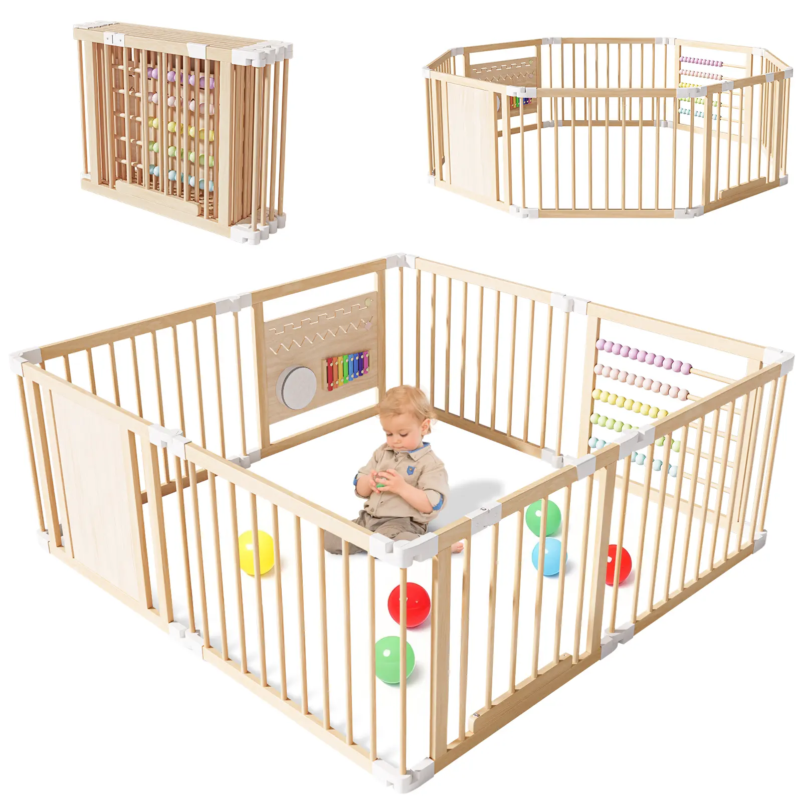 Wooden Baby Playpen Foldable Toddler Fence with Built-in Toy Panels,Foldable & Shape-Changeable Kids Activity Center, Easy Assembly