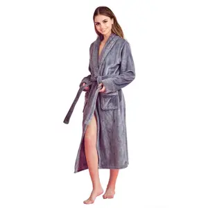 212 MAIN Women's Plush Soft Polyester Shawl Collar Robe - Fleece Floor-Length Long-Sleeve Bathrobe with Front Pockets, Gray - Small, Medium