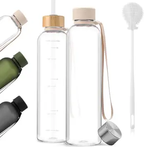 1 Pcs Slim 32oz/1L Water Bottle with Dual Lids Motivational Tracking Reminder BPA-Free Stainless Steel & Bamboo Straw Lid for Travel Sports School Gym Clear Drinkware Cup