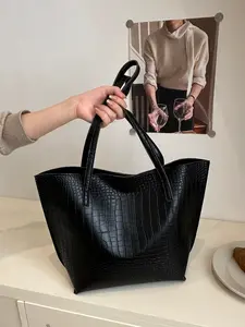 Crocodile Embossed Leather Shoulder Tote Bag, Fashion Unisex Handbag, Durable Crocodile Pattern Design, Perfect Gift Choice, Pu Tote Satchel