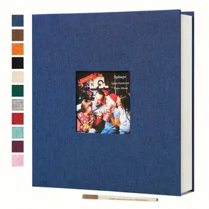 DIY Family Memory Book Album, Wedding Anniversary Notebook with Metal Marker Pen, Large Self-Adhesive Linen Scrapbook, 4x6 & 8x10 Photos, 40 Blank Pages (blue)