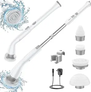 Electric Spin Scrubber, Electric Cleaning Brush with LED Display and 4 Replaceable Brushes, 2 Speeds and 3 Angles Adjustable, Cordless Power Scrubber with Extension Arm for Bathroom Floor Tile