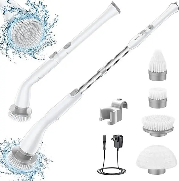 Electric Spin Scrubber, Electric Cleaning Brush with LED Display and 4 Replaceable Brushes, 2 Speeds and 3 Angles Adjustable, Cordless Power Scrubber with Extension Arm for Bathroom Floor Tile