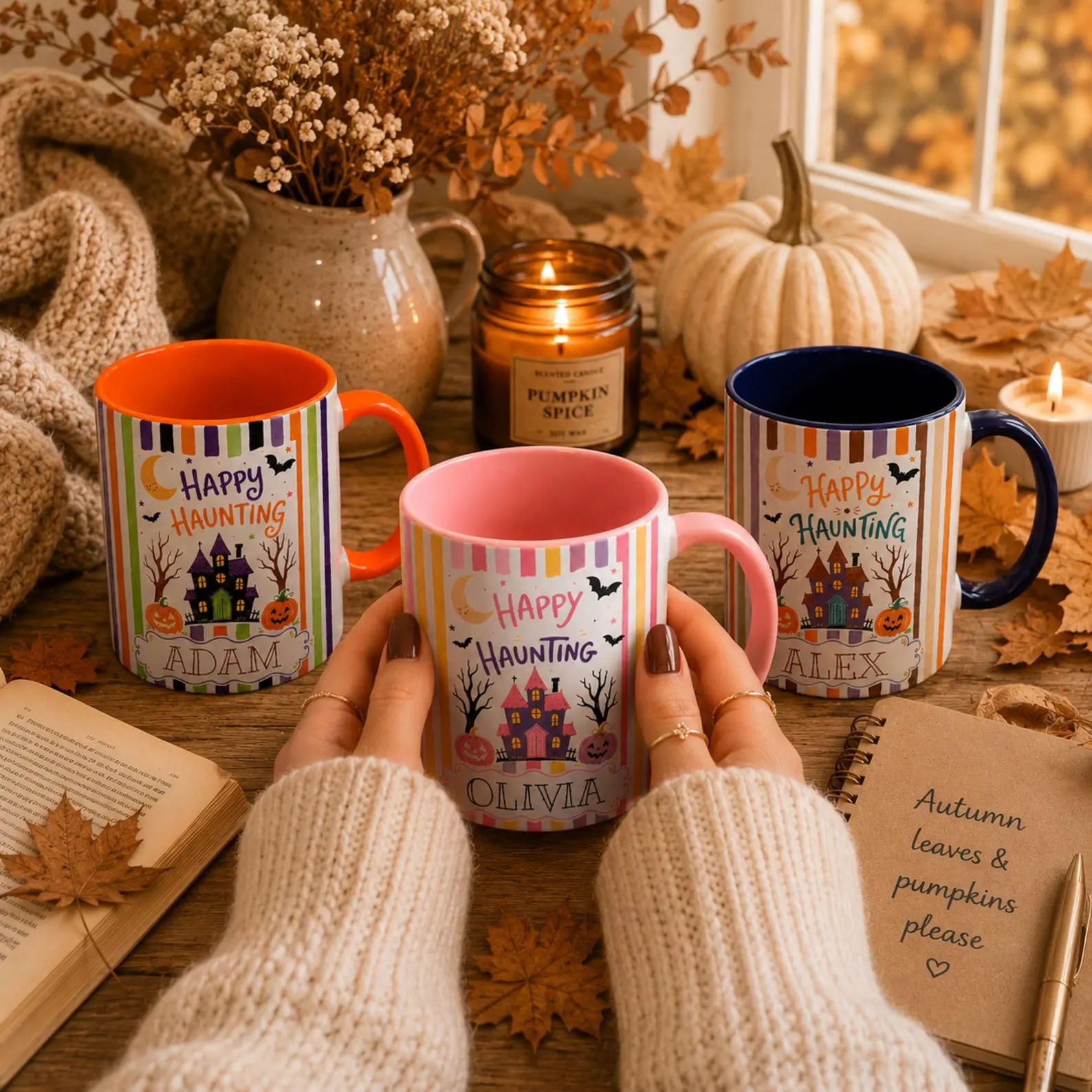 Custom Halloween Mug, Happy Haunting Gift, Personalized Name Mug, Customizable Text Mug, Custom Gifts for Family, Haunted House Coffee Mug Sarcastic Humor Drinkware