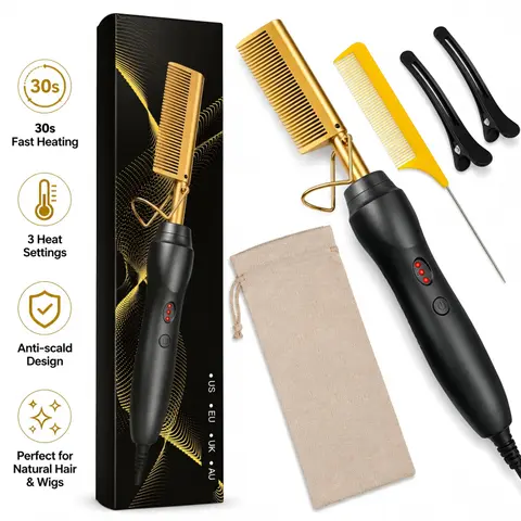 Hair Straightening Comb,Electric Hot Comb Hair Straightener for Natural Hair | Fast Heat Silk Press Comb for Black Hair & Wigs