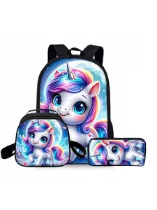 Mengmeng Unicorn Print Backpack Three-piece Set: Lunch Bag, Pen Case, and Backpack