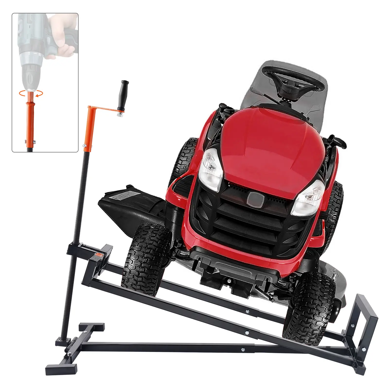【summerfinds】VEVOR Ride on Lawn Mower Lift Jack, 880 Lbs Weight Capacity, Telescopic Maintenance Jack with Crank Handle & Power Tool Handle, Foldable Lawn Tractor Lifter for Lawn Mowers and Garden Tractors, Black