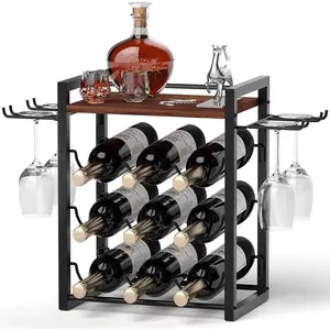 Wine Rack Countertop, Wooden Wine Stand with Tray, Holds 9 Wine Bottles and 4 Glasses, Freestanding Wine Rack for Home, Kitchen, Bar, Wine Cellar