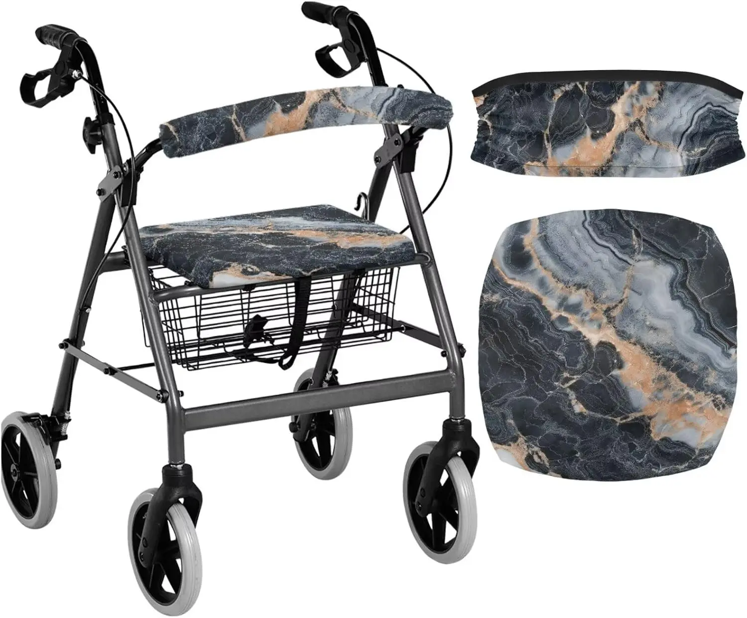 Black Marble Walker Seat Cover and Backrest Cushion Removable Stretchable Drive Rollator Accessories