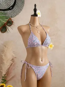 Women's Fashion Comfortable Two-Piece Bikini Set, Small Floral Print, Ideal Beach Vacation Swimwear, Stylish and Comfy Bathing Suit, Floral Print Bikinis, Floral Print Swimsuits