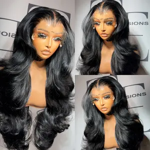 13x4 HD Lace Front Wigs 26 Inch Black Color Natural Long Wavy Lace Frontal Wig Pre Plucked With Baby Hair Natural Hairline 180% Full Density Synthetic Heat Resistant Fiber Body Wave Hair For Fashion Women Ladies Daily Party Use Begineer Friendly