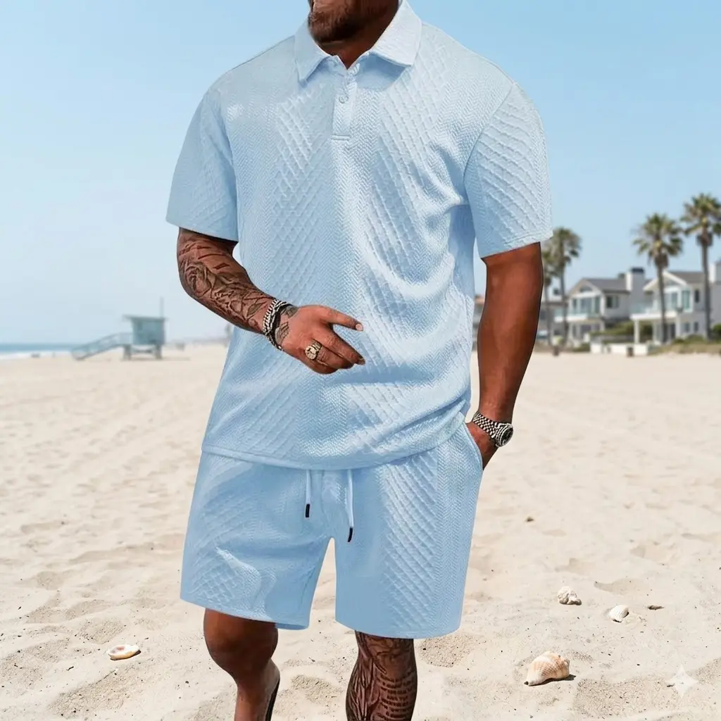 Men's Solid Polo Shirt & Drawstring Waist Shorts Set, Cozy Breathable Two-piece Outfits for Daily Outdoor Wear, Men Clothes for Summer