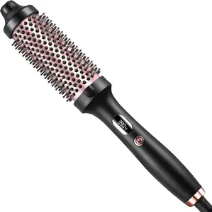 Adjustable Dual Voltage Black Ionic Round Brush, Ceramic Tourmaline Heated Styler with Anti-Scald Bristles, 3 Temps, 15s Heat-Up for Volumizing
