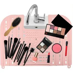 Sink Foldable Cover, Bathroom Sink Top Cover Space Saver, Silicone Makeup Organizer Mat for Over Countertop Bathroom Accessories (Pink)