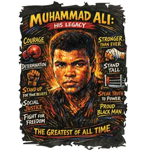 MUHAMMAD ALI JUNETEENTH STYLE DTF TRANSFER FOR T-SHIRTS - His Legacy Courage Stronger Than Ever Stand Tall Speak Truth To Power