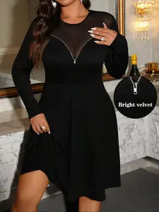 Elegant Knit Mesh Patchwork Dress, Zipper Design Long Sleeve Soft Fleece Fabric, Perfect Fit Fashionable Women's Clothing