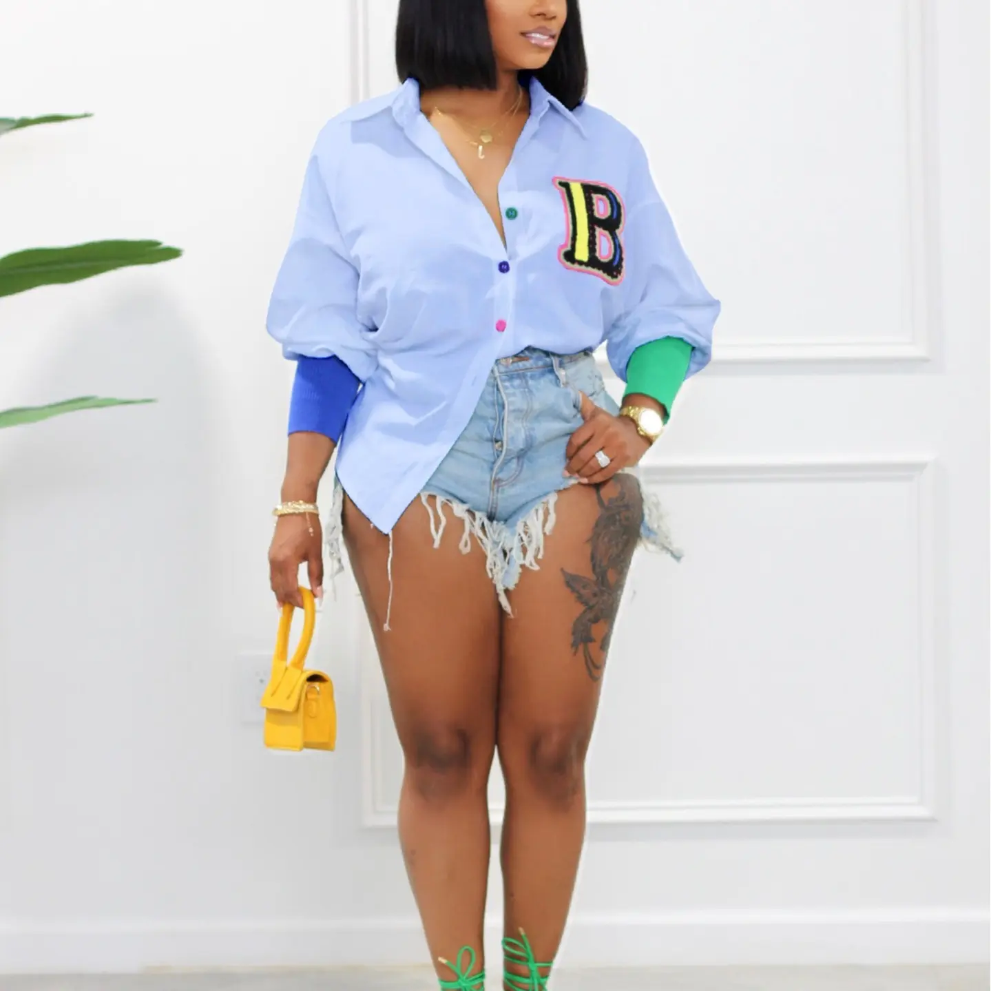 Echoine Letter Embroidery Tunic Top Shirt Color Block Button Down Loose Long Sleeve Party Night Club Blouse Spring Fall Summer Plain Mini Dress