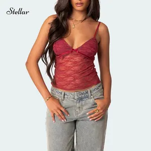 Women Crop Floral Lace Camisole Backless Spaghetti Strap Tank Tops Sleeveless T-Shirt for Streetwear Clubwear