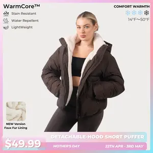 【Last Sale】PUFFIT WarmCore Premium Short Puffer Jackets with Removable Hood & Optional Faux Fur Linging, Lady Casual Outerwear Longsleeves Zip Pockets Warm Quilted Coat