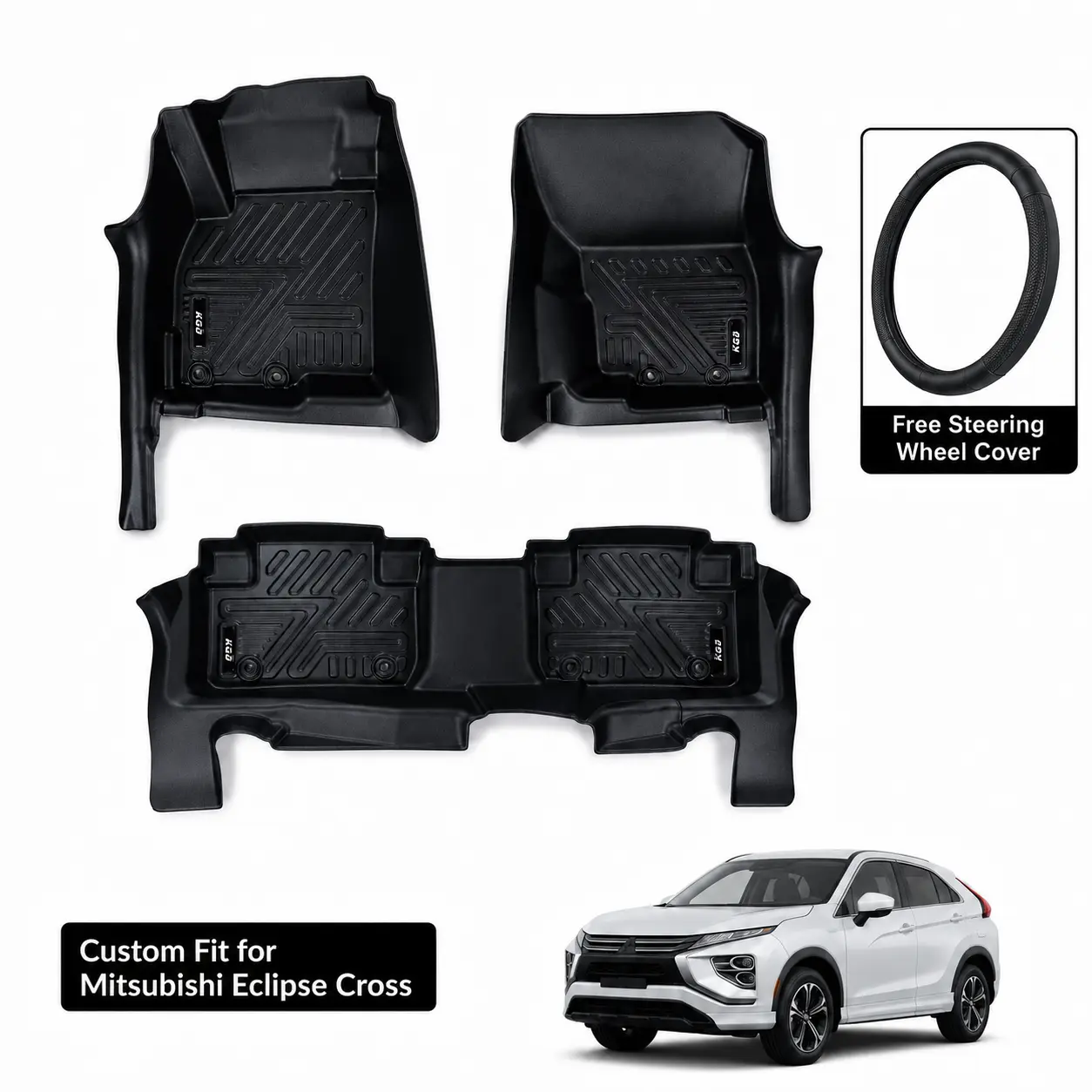 TPE Car Floor Mats Full Set for Mitsubishi Outlander, Outlander Sport 5-Seater, Eclipse Cross 7-Seater - All Weather, Waterproof, Anti-Slip Deep Dish Liners with Factory Clips, Precise Fit, Off-Road Compatible, Free Steering Wheel Cover, Thermoplastic