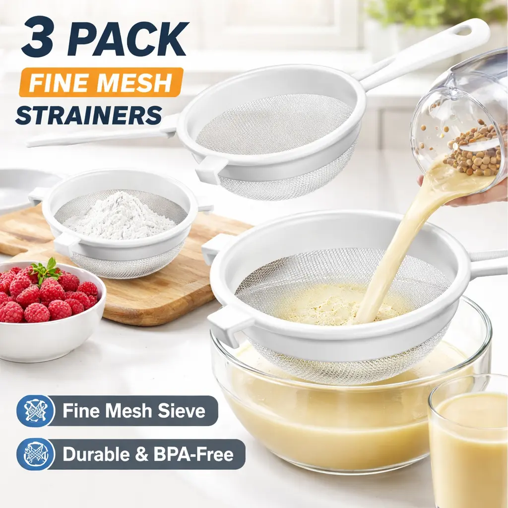 3pcs Sturdy Nylon Plastic Fine Mesh Strainer Set - Double-Ear Handle Colander, Filter for Straining Food, Baking Flour Sifting (Triple Size Set for Office Kitchen Use)