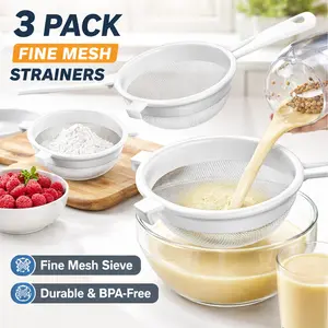 Fine Mesh Strainer 3 Pcs – Plastic Nylon Colander with Double Ear Handles, Flour Sifter for Baking, Kitchen Strainer for Kefir, Tea, Pasta, Juice
