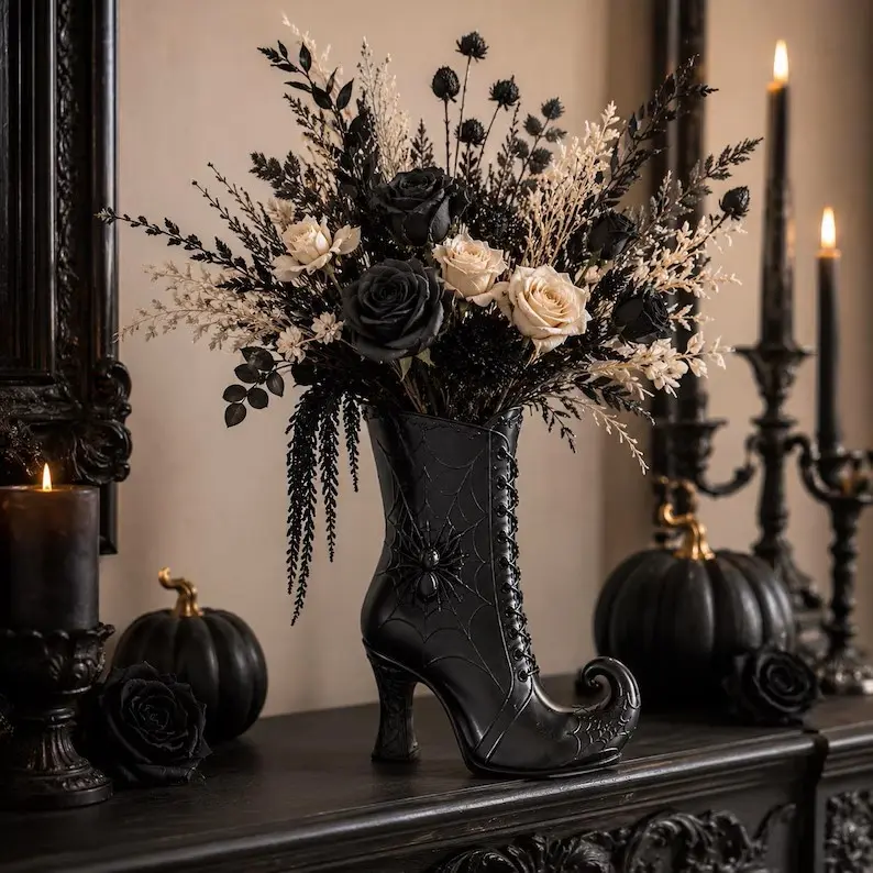3D Witch Boot Resin Vase - Gothic Halloween Tabletop Flower Planter, Spooky  Sculpture  for Home Improvement garden decor supply statue funny decoration